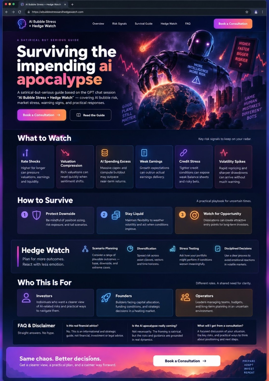 Purple and orange satirical AI market-risk control room