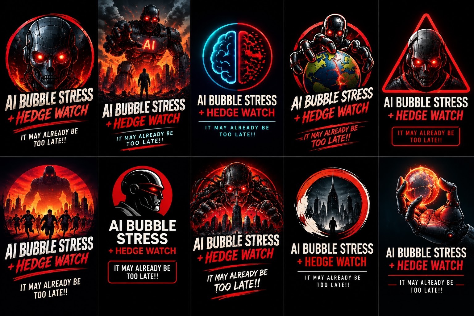 Grid of red and black AI Bubble Stress robot logos