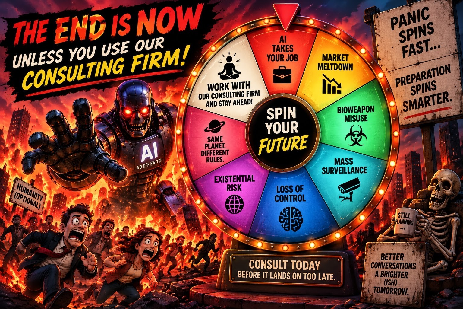 Satirical multicolor AI apocalypse prediction wheel